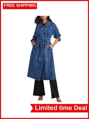 Women's Denim Trench Coat Double Breasted Over Knee Jean Jacket